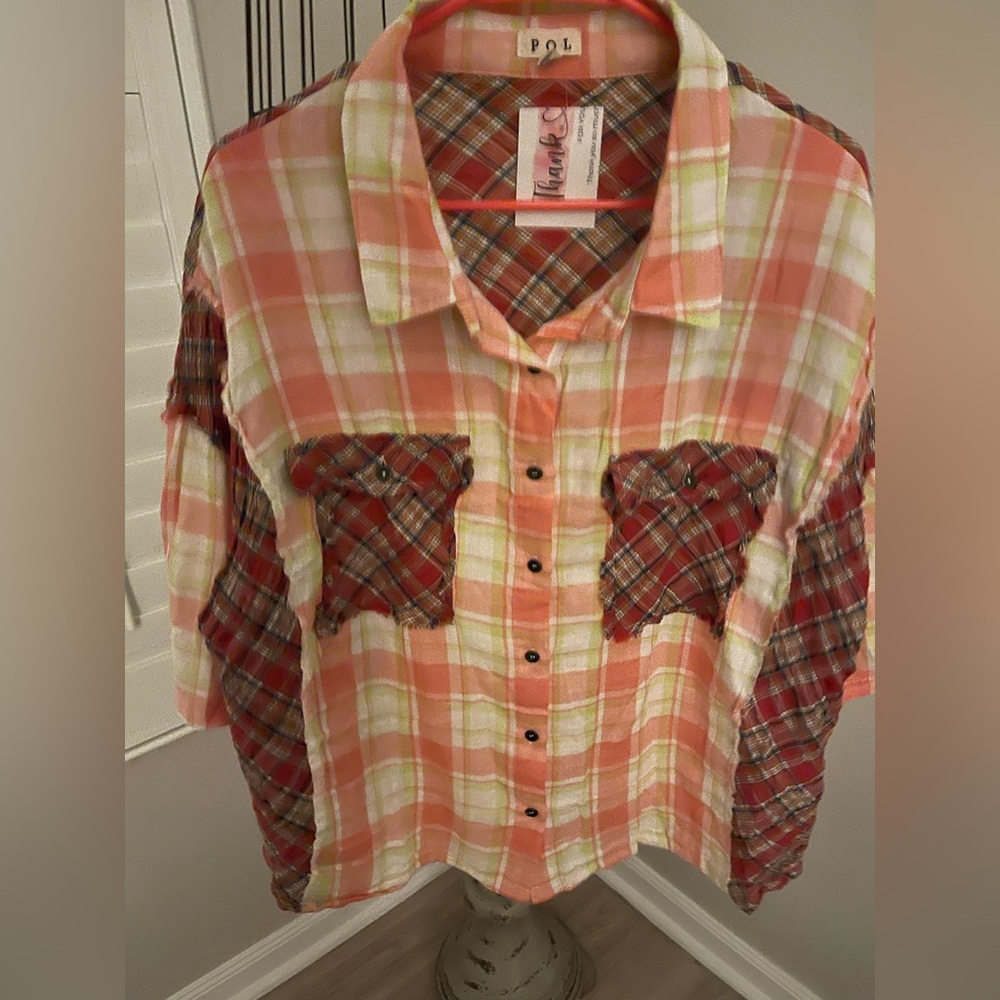 POL Plaid Patchwork Button-Up Short Sleeved Mixed Pattern Oversized Shirt Sz. S